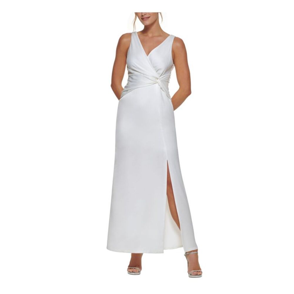 NWT DKNY Womens White Knotted Front Sleeveless Full-Length Formal Gown Dress 2